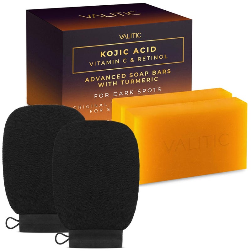 VALITIC 2 Pack Kojic Acid Vitamin C & Retinol Soap Bars for Dark Spot Bundle with 2 Black Exfoliating Gloves for Body Scrubs - Image 1